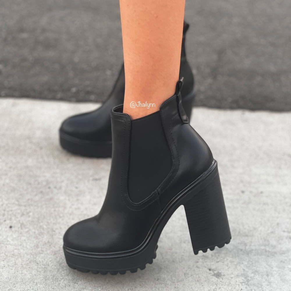 Black Chunky lug sole slip on bootie